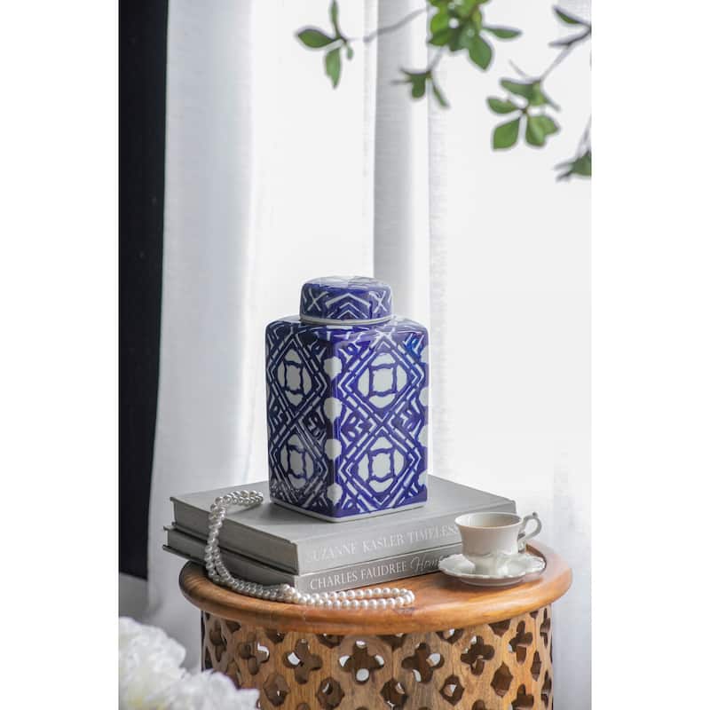 5.3x5.3x10" Valora Blue and White Square Lidded Jar - White+Blue