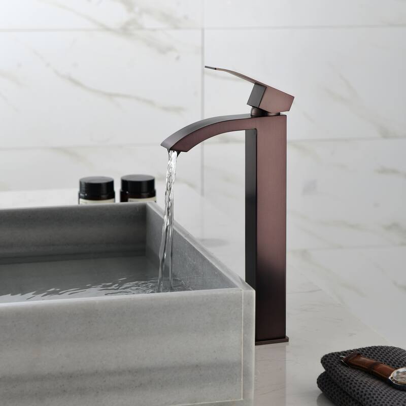 Single Hole Bathroom Vessel Faucet 1 Handle Bathroom Vessel Sink Faucet Waterfall Modern Basin Vanity High Tall Taps No Drain - Brown