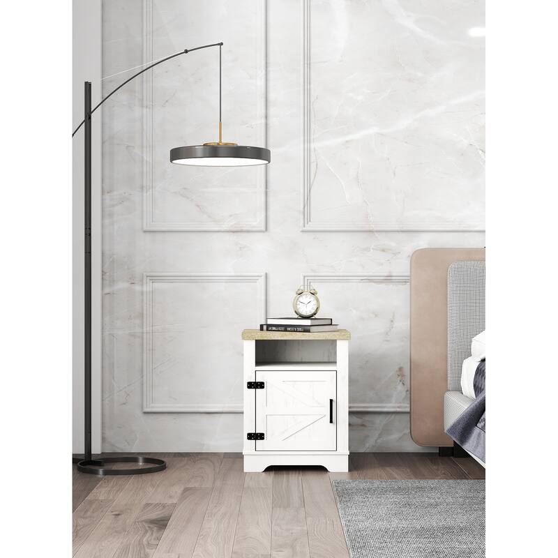 Farmhouse Nightstand, Modern Bedside Table with Barn Door and Shelf, Rustic End Table Side Table for Bedroom, Living Room