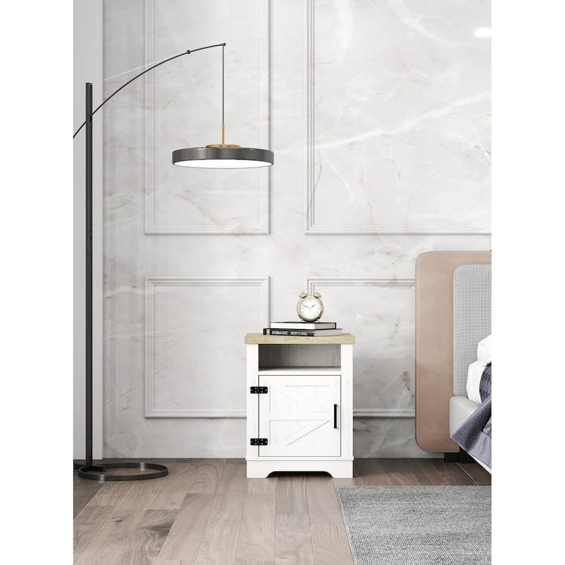 GDFStudio - Clara Barn Door Nightstand, Farmhouse End Table with Storage Cabinet & Shelf - White+Oak