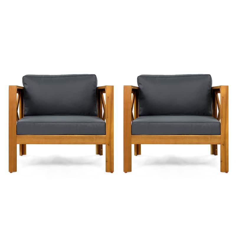 3 Piece Patio Conversation Set, Outdoor Wood Leisure Seat(Set of 2),Armchair with Cushions,Selma Acacia Wood End Table