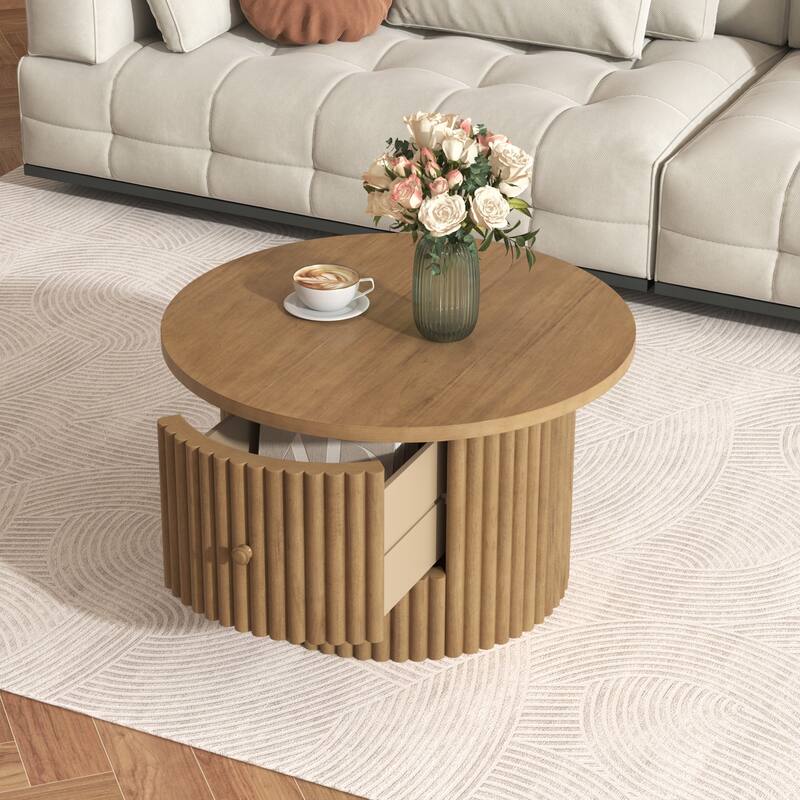 Round Coffee Table for Living Room in Natural, Farmhouse Coffee Table with a Drawer, Center Table with Vertical Slat Ba