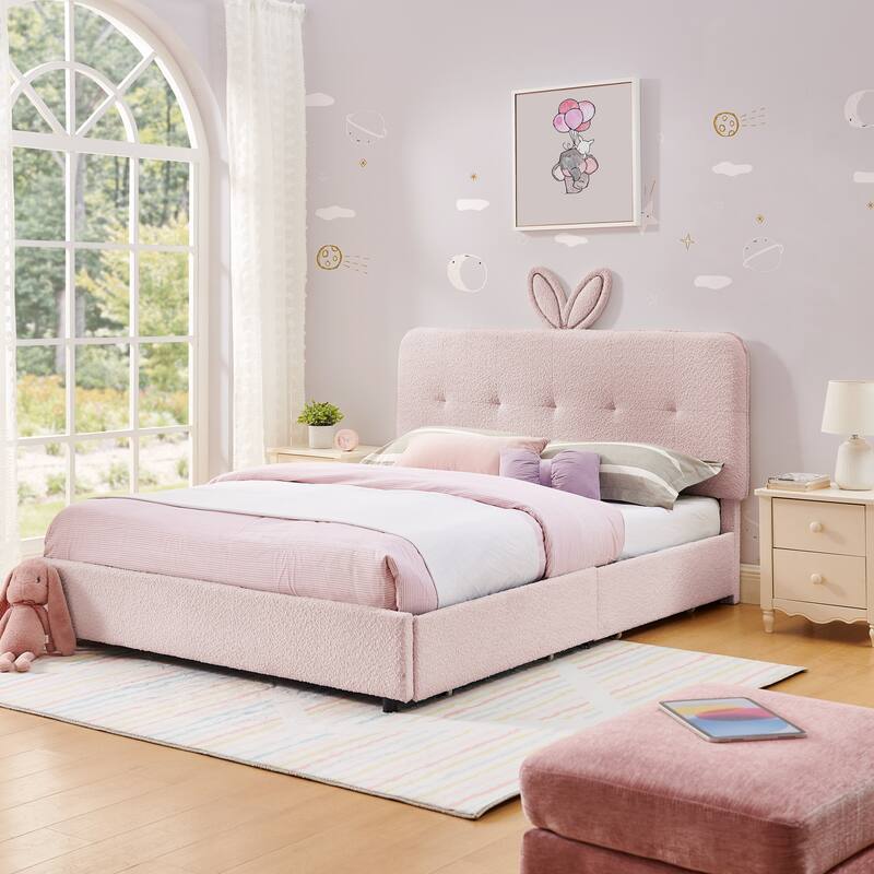 Kids Boucle Upholstered Bed with Rabbit Ear Headboard, LED Music Sync & 4 Drawers