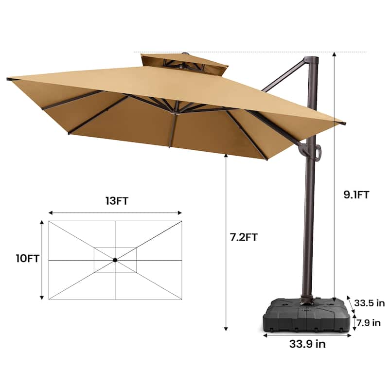 Pellebant 10FT x 13FT Outdoor Patio Offset Umbrella 360 degrees Rotation with Base