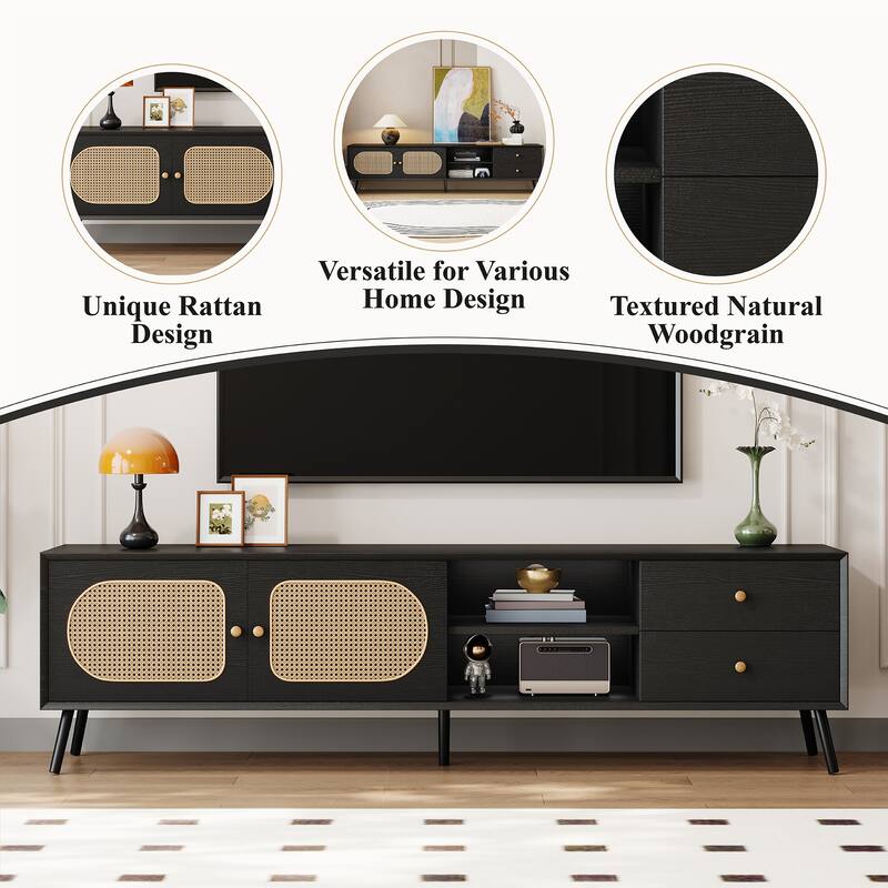 70" TV Stand up to 80 Inches,Mid Century Modern Entertainment Center with Rattan Doors,2 Drawers,and Open Shelf,Television Stand