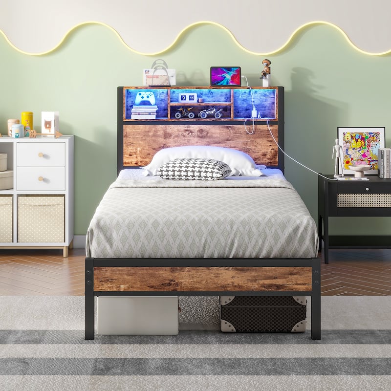 Metal Platform Bed Frame w/Wooden Headboard Footboard, LED Lights, Bookcase Storage, Charging Station, Easy Assembly, Noise-Free - Brown - Twin