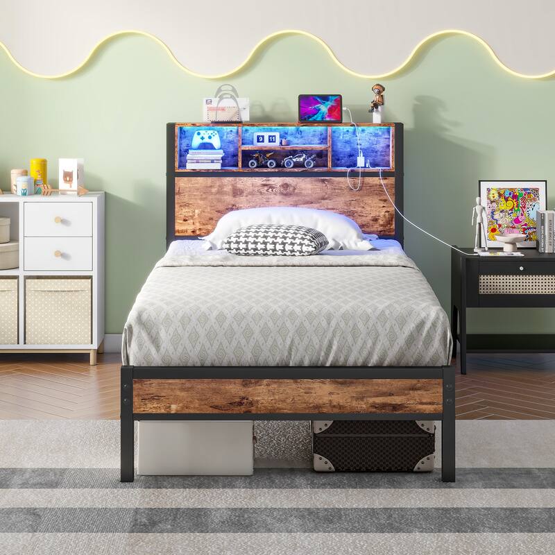 Metal Platform Bed with Storage Headboard and LED Light - Brown - Twin