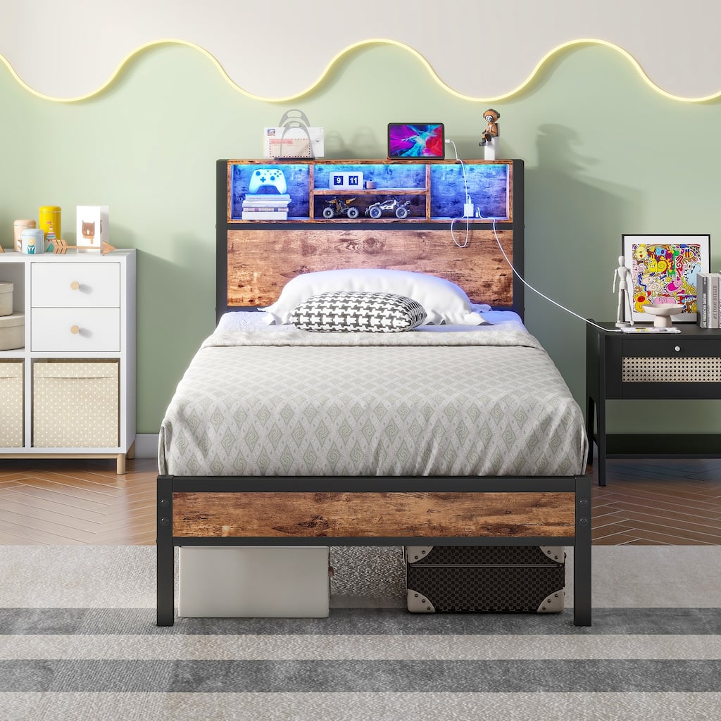Metal Platform Bed with Storage Headboard and LED Light
