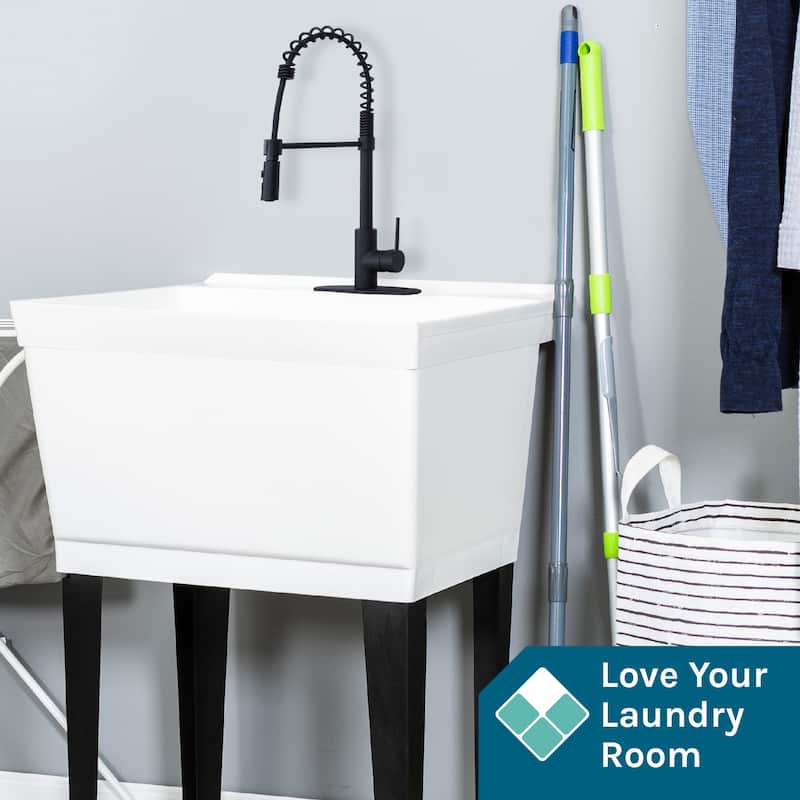 TEHILA Utility Sink Laundry Tub with Black High Arc Coil Faucet
