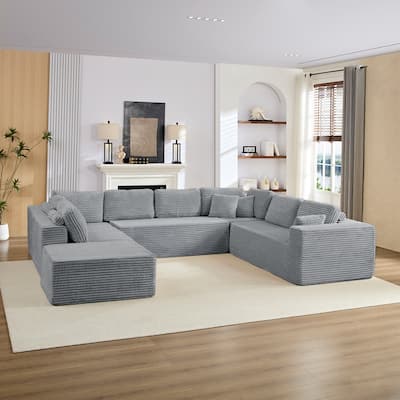 Corduroy 141'' Deep Seat Modular Sectional Sofa, Modern 8-Seater U-Shape Sofa Couch with Moveable Ottoman