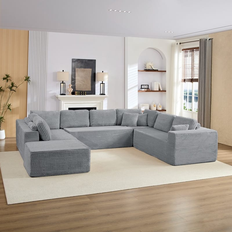 Corduroy 141'' Deep Seat Modular Sectional Sofa, Modern 8-Seater U-Shape Sofa Couch with Moveable Ottoman