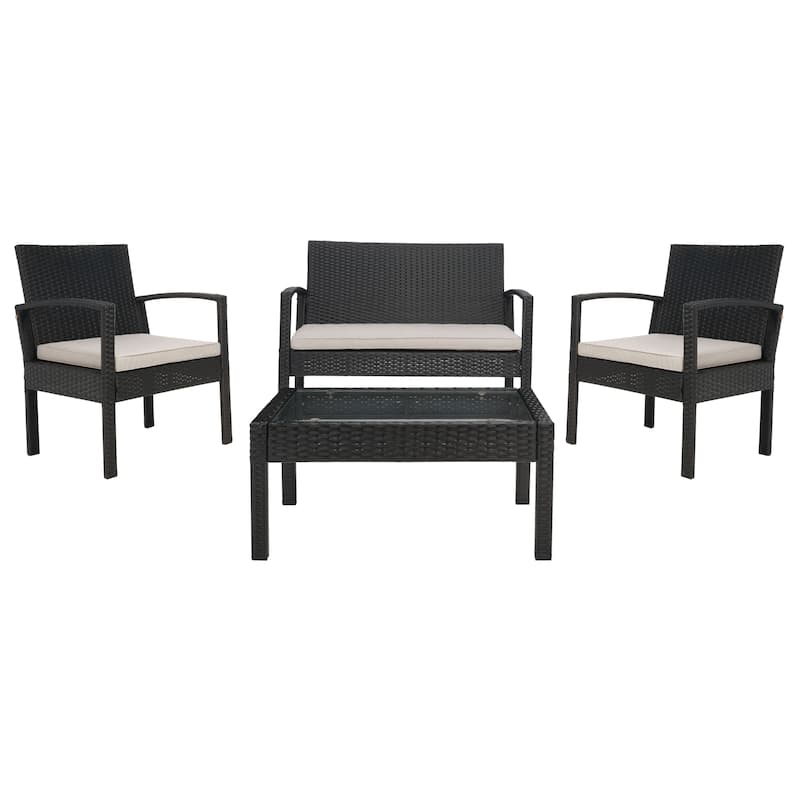 SAFAVIEH Outdoor Bassey 4-Piece Conversation Patio Set. - 39.78" x 24.18" x 32.37" - Black/Light Grey