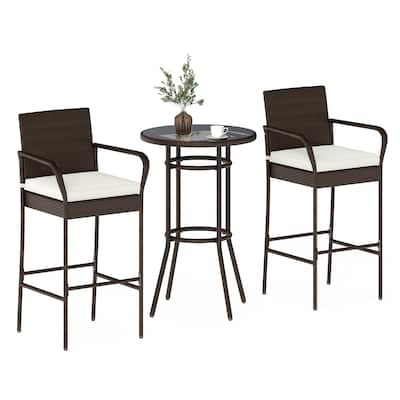 Outdoor Patio Bar Set 2 Barstools 1 Table PE Wicker Metal Frame Cushioned Backyard Furniture - 17.5" W x 21" D x 46" H