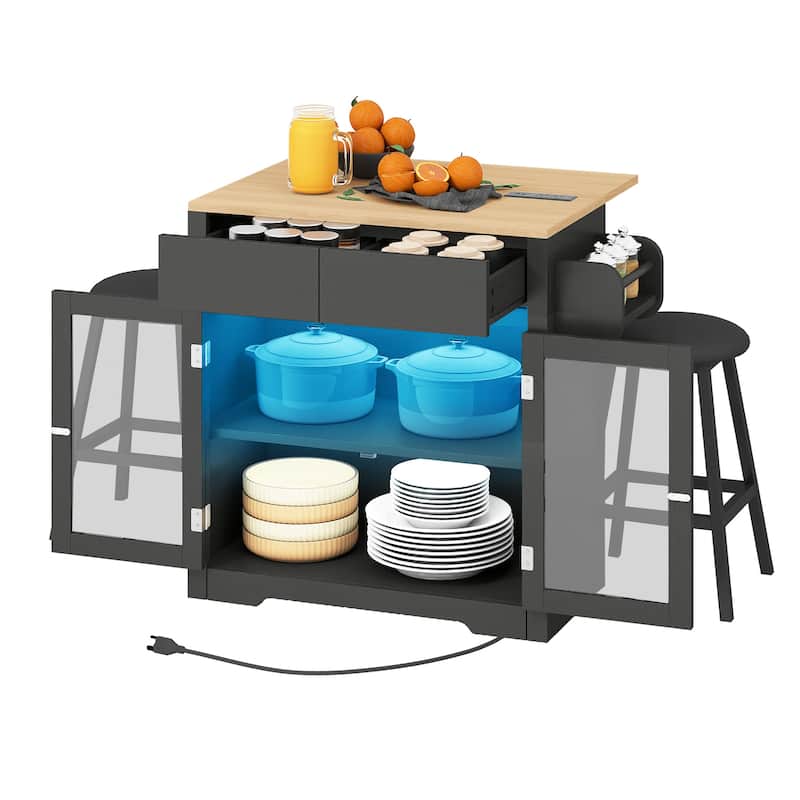 Moasis Rolling Kitchen island with Seating and LED Lights,Mobile Storage Islands with Drop Leaf, Dining Table with Power Outlet