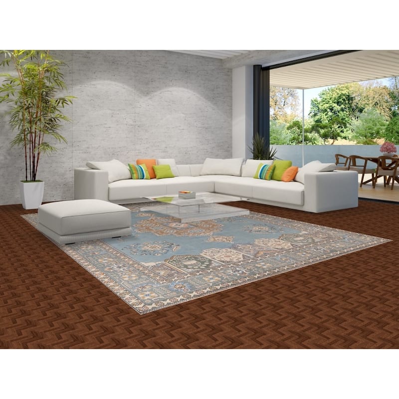 Light Blue Geometric Tabriz Persian Vintage Rug Handmade Wool Carpet - 9'7"x 12'8"