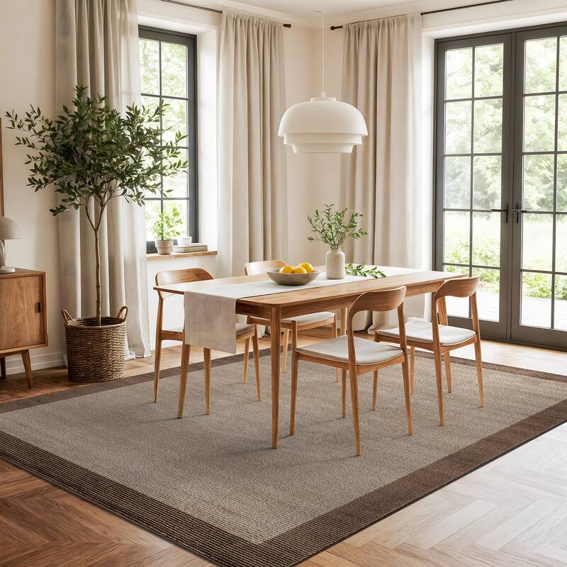 Modern Geometric Stripe Bordered Area Rug for Living Room, Bedroom, or Entryway - Low Pile Indoor Rug