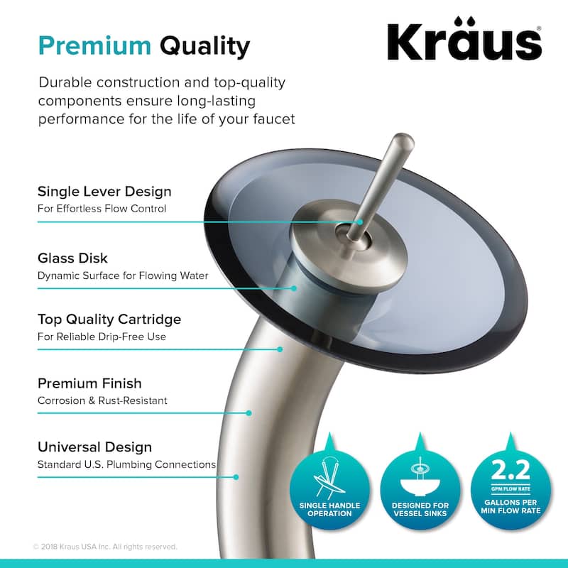 Kraus Waterfall Single Hole Vessel Bathroom Faucet - Metal Pop-Up