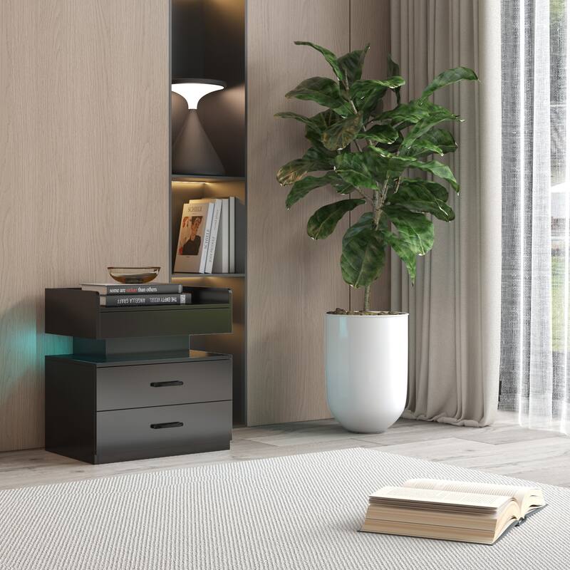2-drawers Nightstand with Adjustable LED Strip Light for Large Space