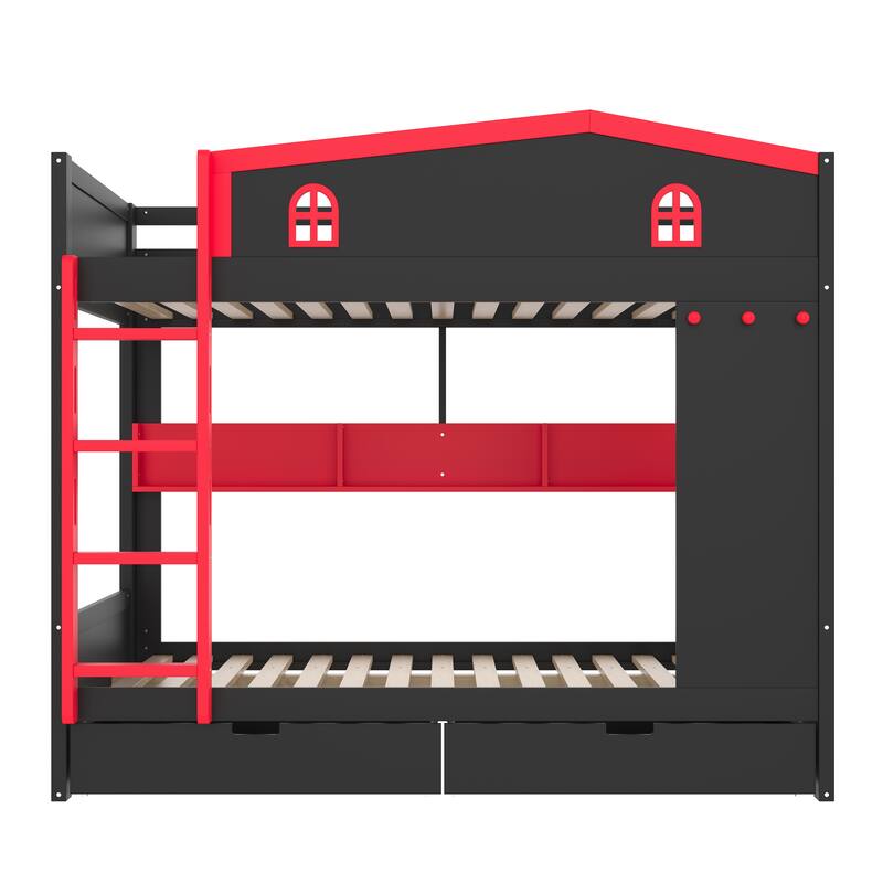 Queen over Queen Bunk Bed with Storage Drawers and Shelves, Solid Wood Bunk Beds with hooks, No Box Spring Needed