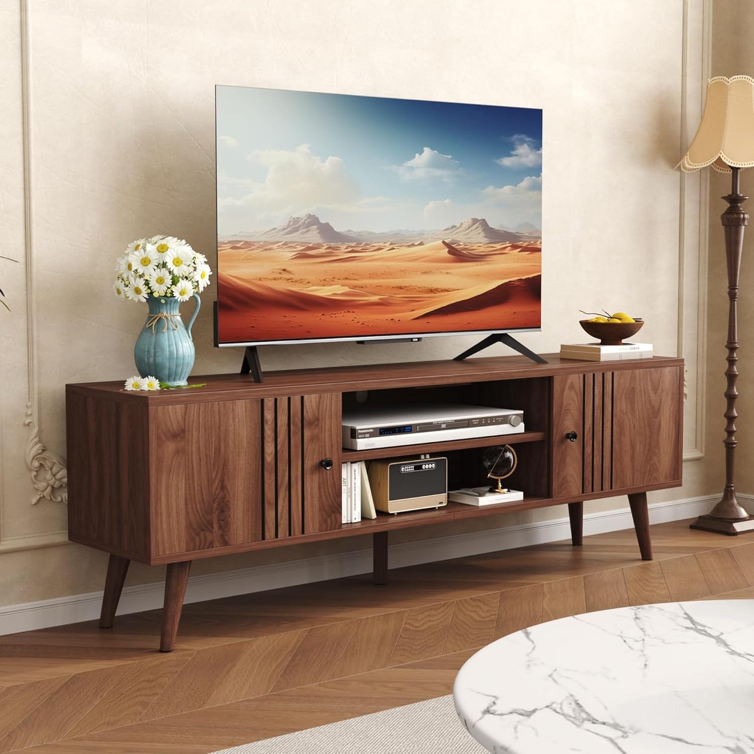 Mid-Century TV Stand with Storage, Sliding Door Console for TVs up to 65", Walnut Finish