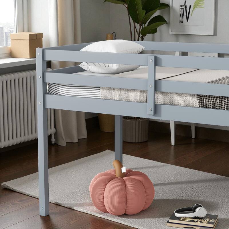 Solid Wood Twin Loft Bed with Ladder, Rubber Wood Frame Low Height Design with Guard Rails and Storage Space