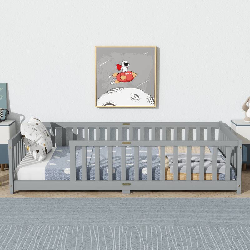 Twin Size Floor Bed with Fence without Door, Rubber Wood Floor Bed with Safety Guardrails