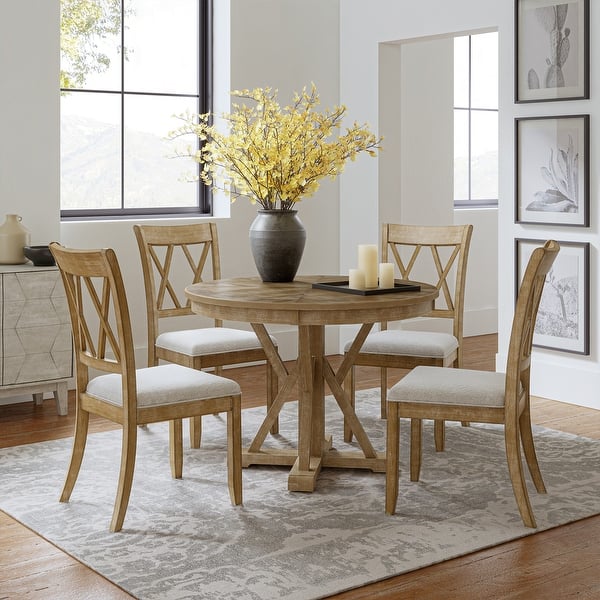 Nuria Farmhouse 5-Piece Round Natural Dining Set with 4 Chairs and ...