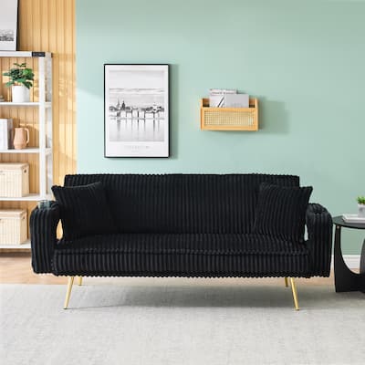 Black Corduroy Sofa for Living Room and Study with Throw Pillows