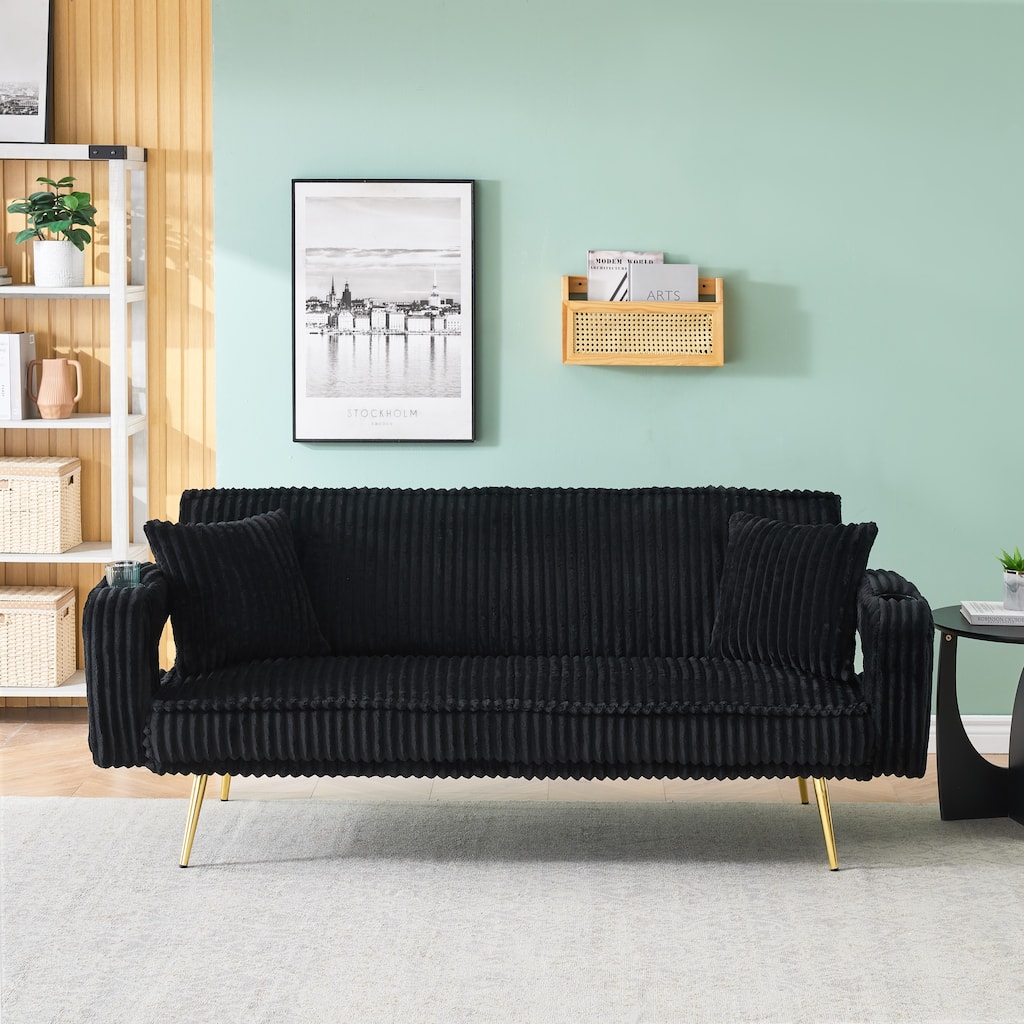 Straight-Row Corduroy Sofa With Throw Pillows, Featuring A Minimalist Style