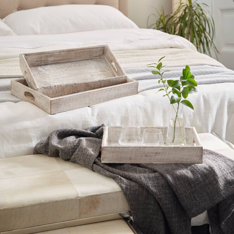 White Wood Living Room Decor Tray (Set of 3) - 20 x 14 x 3