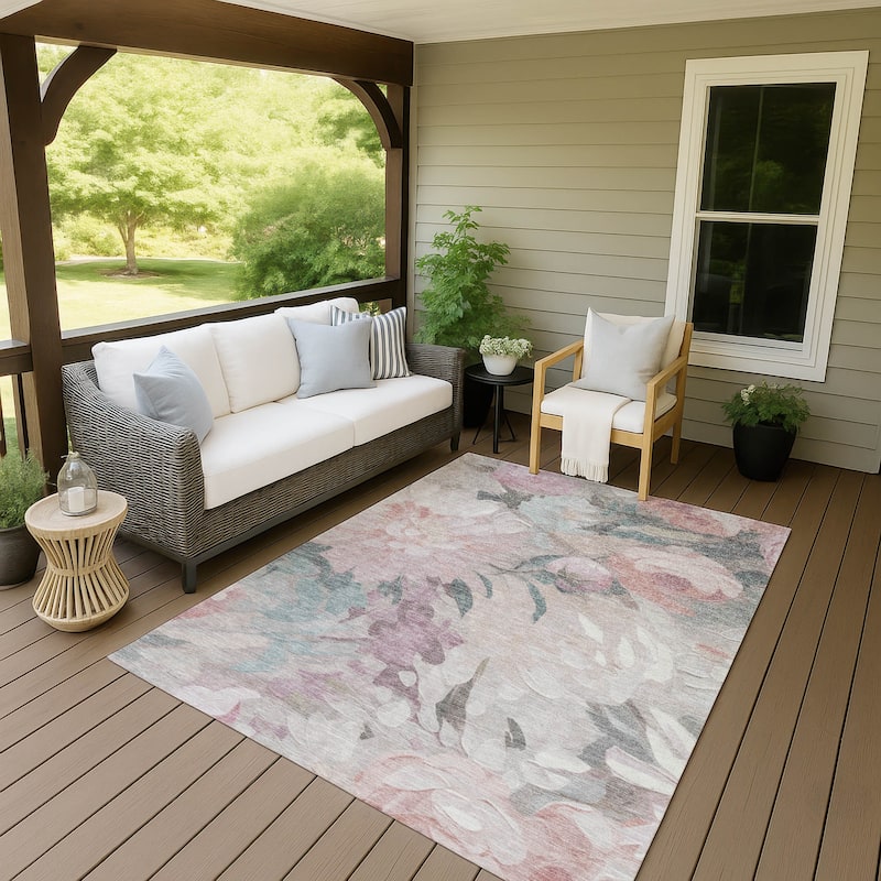 Machine Washable Indoor/ Outdoor Watercolor Floral Chantille Rug - Beige - 9' x 12'