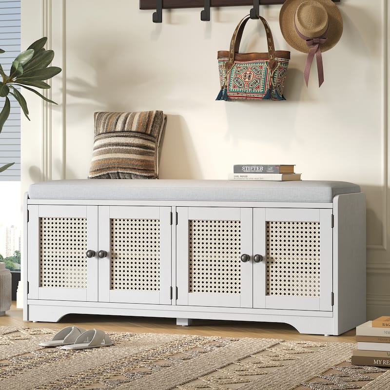 Rustic Storage Bench Multifunctional Wood Entryway Shoe Bench with Removable Cushion, Woven Rattan Doors & Adjustable Shelves