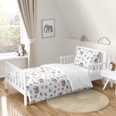 Sweet Jojo Designs Watercolor Elephants Boy Girl Gender Neutral 5p Toddler-size Comforter Set Green Grey Jungle Safari Palm Tree
