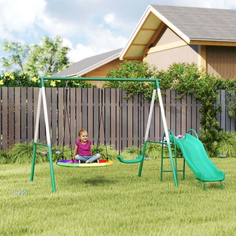 3-in-1 Kids Swing Set Saucer Slide Seat With Waterproof Material - 111.8" L x 91.3" W x 72.8" H