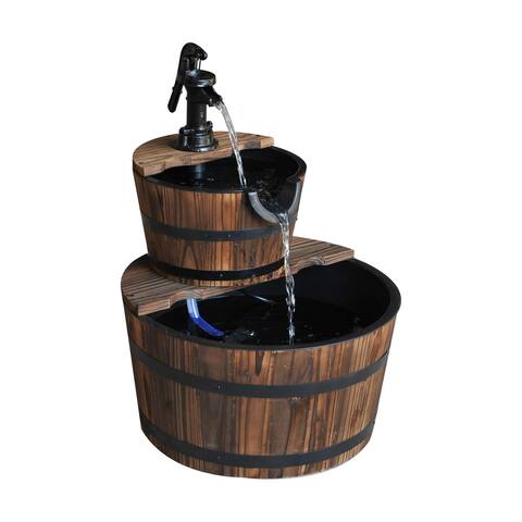 2 Tier Fountain Rustic Wood Barrel Water Fountain with Pump Outdoor Garden Decor
