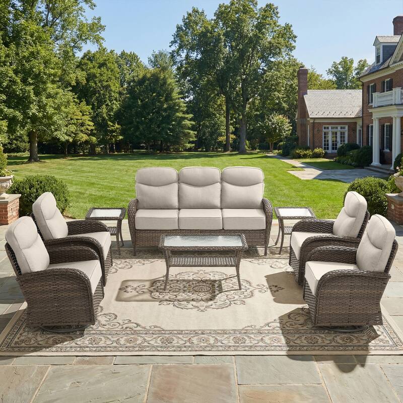 Pocassy 8-Piece Outdoor Patio Sofa Swivel Chair with Table - Brown Wicker Beige Cushion - 8-Piece Sofa Swivel Chair with Table
