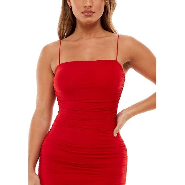 b darlin ruched bodycon dress Women's Red Mini Dress — Bodycon, Spaghetti Strap, Cutout, 3D Floral,  Party, Cocktail Valencia Mini Dress – Lauven main image 0