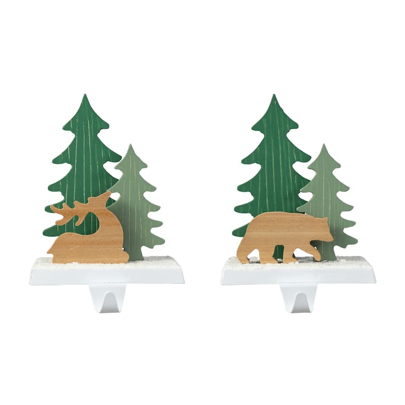 Glitzhome 6.75"H Set of 2 Christmas Reindeer & Bear Stocking Holders