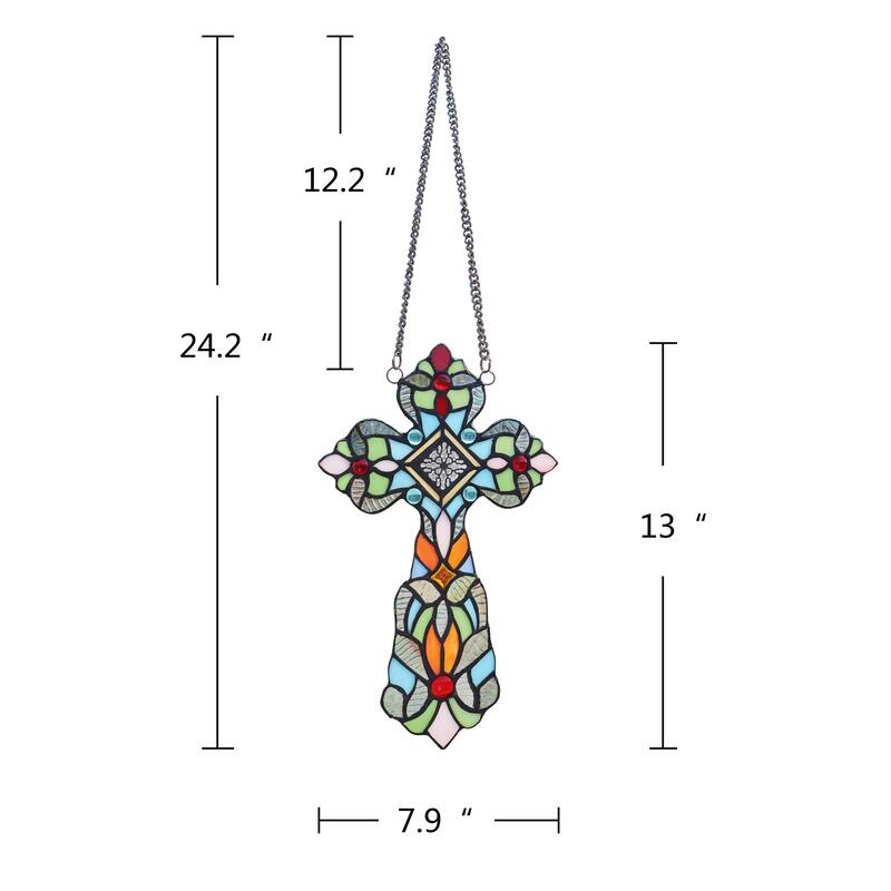 13" x 8" Victorian Design Cross Stained Glass Panel/ Suncatcher