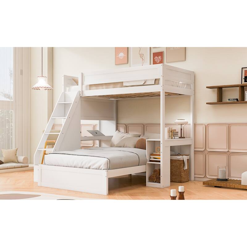 Roomfitters Twin XL Over Full Bunk Bed with Built-In Desk, USB Port and Shelves