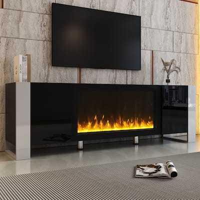 ON-TREND Modern TV Stand with 34.2" Non-heating Electric Fireplace, High Gloss Entertainment Center with 2 Cabinets, Media Conso