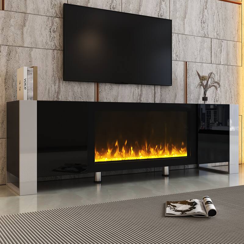 Roomfitters Modern Media Console with Electric Fireplace, High Gloss TV Stand with Cabinets for TVs up to 78" - Black