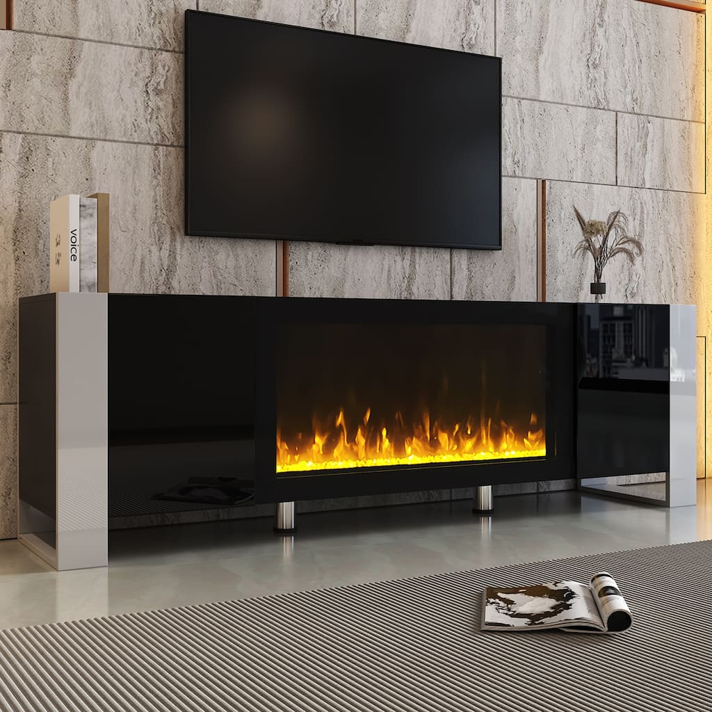Sleek Entertainment Center with Electric Fireplace & Storage, High Gloss TV Console for 78" TV