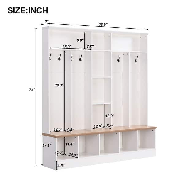 Wide Hall Tree Coat Rack Entryway Storage Bench Display Cabinet, White ...