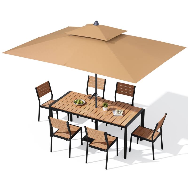9/11-Piece Outdoor Dining Set w/10 ft Umbrella and Base Aluminum Dining Table and Stackable Chairs