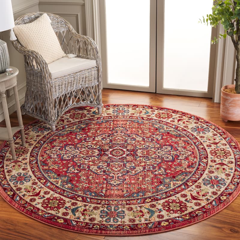 SAFAVIEH Kashan Marybeth Oriental Rug with Fringe - 5'1" Round - Red/Ivory