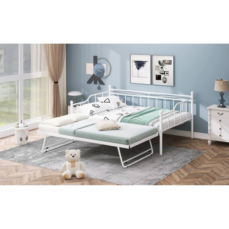 Full Size Metal Daybed with Twin Size Adjustable Trundle, Portable