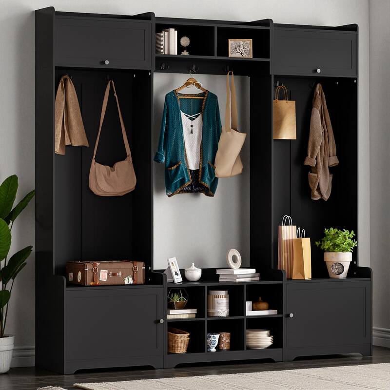 79.1'' Wide Modern 4-in-1 Hall Tree with Bench, 8 Cubbies, Adjustable Shelves & 7 Hooks for Entryway, Hallway, Living Room