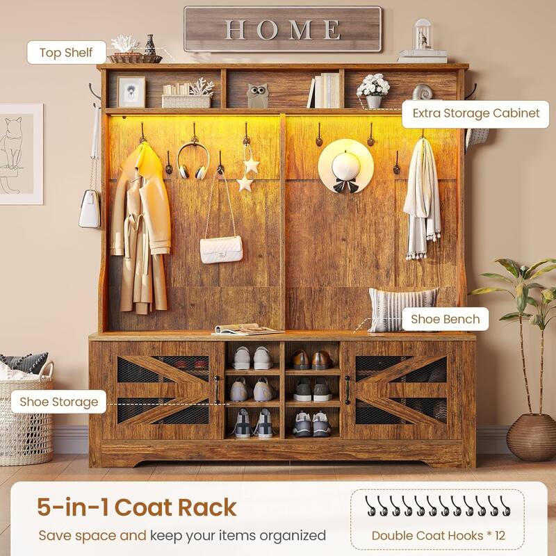 Hall Tree w/ Bench Shoe Storage Shoe Cubby Barn Door Adjustable Shelf