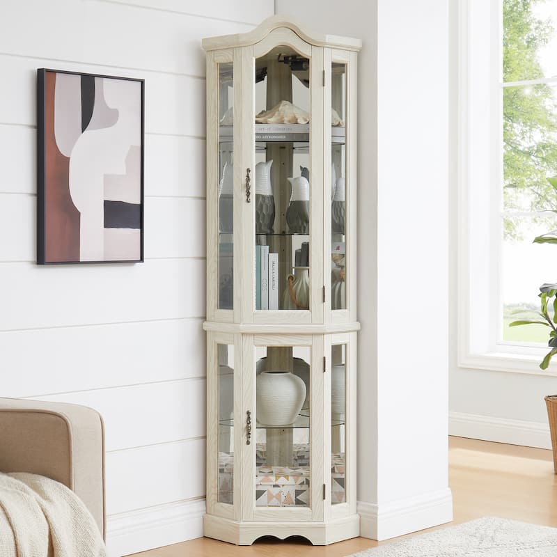 Lighted Corner Curio Cabinet, Freestanding Glass Display Cabinet, Wooden China Cabinet with Tempered Glass Doors & Shelves